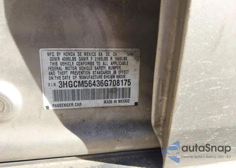 2006 Honda Accord 2.4 Lx из США, поврежденный, VIN 3HGCM56436G708175